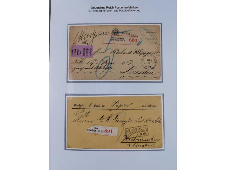 1872/75, sehr interessante Partie mit 18 markenlosen Formularen und Verwendungen. Dabei u.a. großformatiger Wertbrief mit EKr