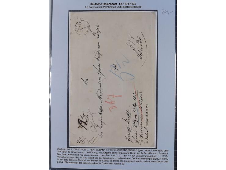 1872/75, sehr interessante Partie mit 18 markenlosen Formularen und Verwendungen. Dabei u.a. großformatiger Wertbrief mit EKr