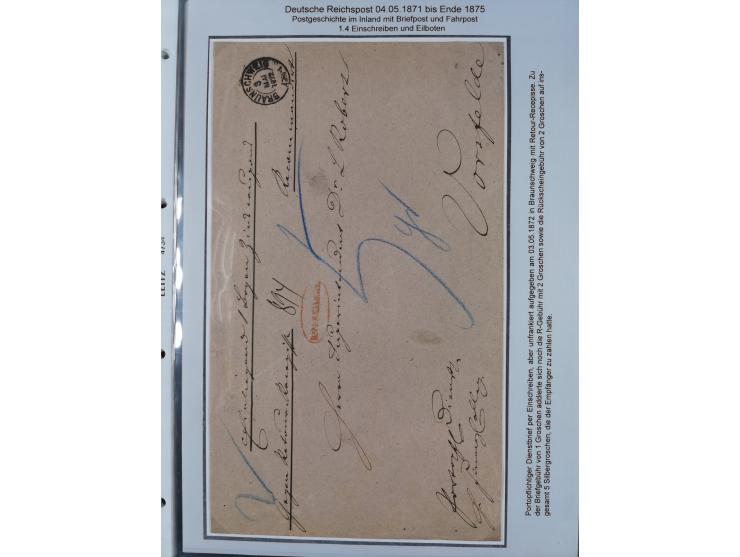 1872/75, sehr interessante Partie mit 18 markenlosen Formularen und Verwendungen. Dabei u.a. großformatiger Wertbrief mit EKr