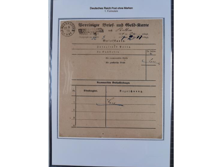 1872/75, sehr interessante Partie mit 18 markenlosen Formularen und Verwendungen. Dabei u.a. großformatiger Wertbrief mit EKr