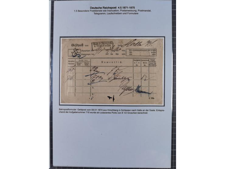 1872/75, sehr interessante Partie mit 18 markenlosen Formularen und Verwendungen. Dabei u.a. großformatiger Wertbrief mit EKr