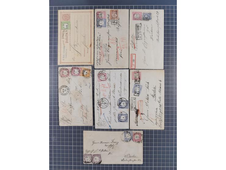 1872/74, 24 Ganzsachenkarten und Umschläge mit Zufrankaturen, interessanten Stempeln und Verwendungen. Dabei u.a. P2 fremdver