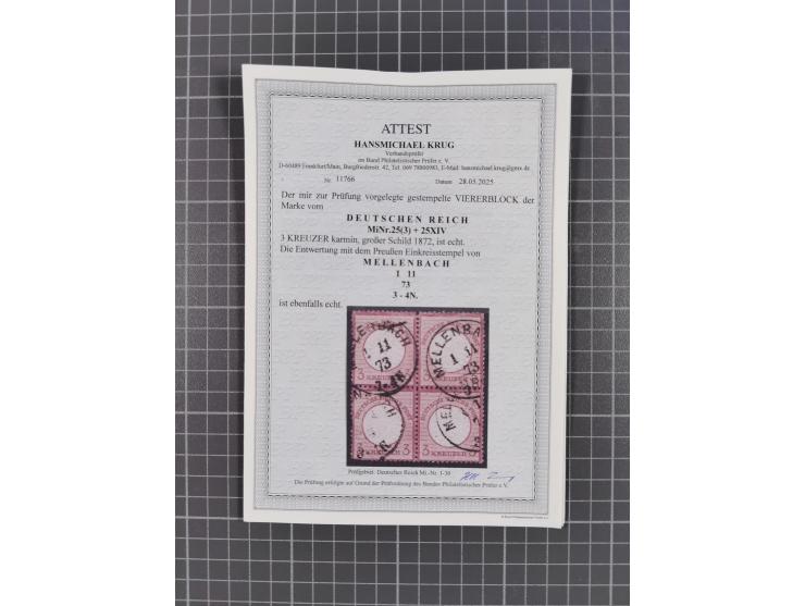 1872/74, Partie mit 20 Marken und zwei Viererblocks mit Plattenfehlern, stärkeren Verzähnungen, Schraubkopfabdrücke und weite