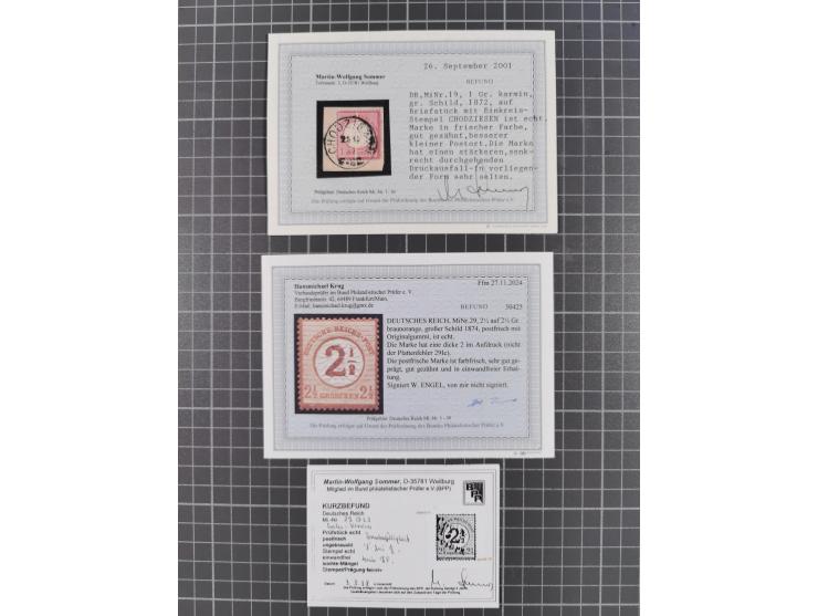 1872/74, Partie mit 20 Marken und zwei Viererblocks mit Plattenfehlern, stärkeren Verzähnungen, Schraubkopfabdrücke und weite