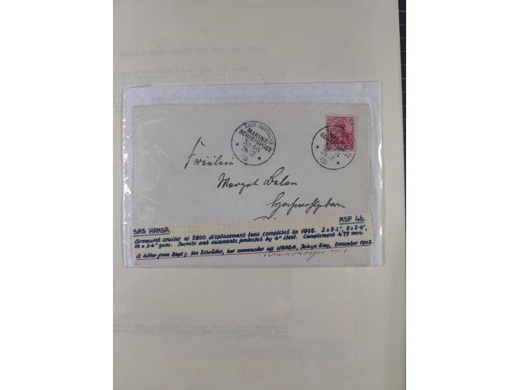 1895/1918, kleine aufgezogene Sammlung 21 Briefen und Karten mit diversen Schiffspost-Stempeln, dabei SMS Hansa, Nixe, Kormor