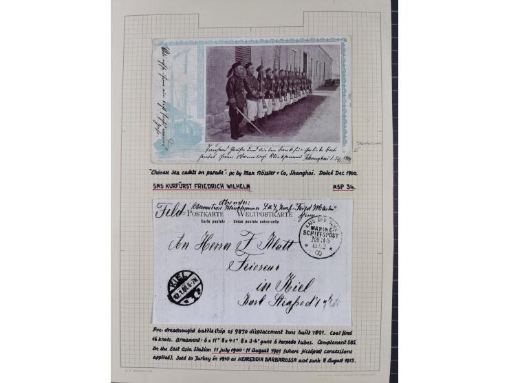 1895/1918, kleine aufgezogene Sammlung 21 Briefen und Karten mit diversen Schiffspost-Stempeln, dabei SMS Hansa, Nixe, Kormor