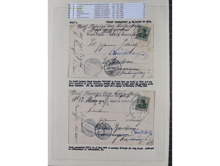 1895/1918, kleine aufgezogene Sammlung 21 Briefen und Karten mit diversen Schiffspost-Stempeln, dabei SMS Hansa, Nixe, Kormor