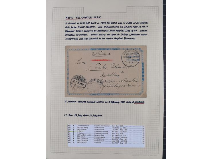 1895/1918, kleine aufgezogene Sammlung 21 Briefen und Karten mit diversen Schiffspost-Stempeln, dabei SMS Hansa, Nixe, Kormor