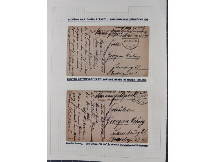 1895/1918, kleine aufgezogene Sammlung 21 Briefen und Karten mit diversen Schiffspost-Stempeln, dabei SMS Hansa, Nixe, Kormor