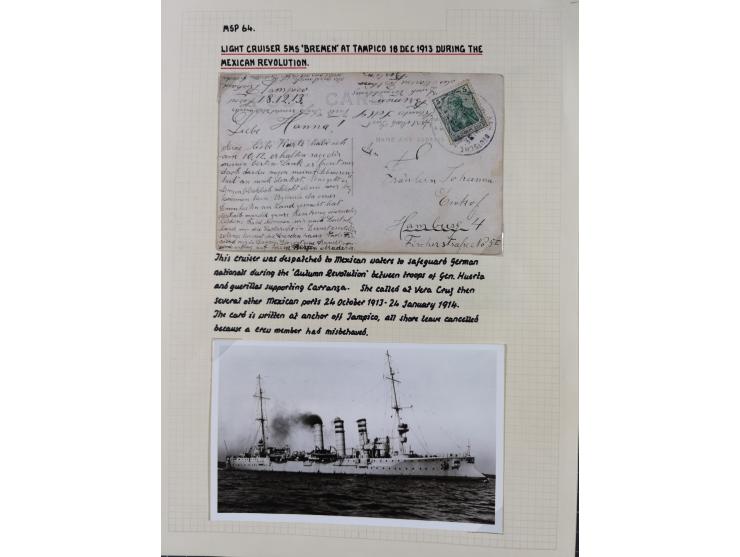 1895/1918, kleine aufgezogene Sammlung 21 Briefen und Karten mit diversen Schiffspost-Stempeln, dabei SMS Hansa, Nixe, Kormor