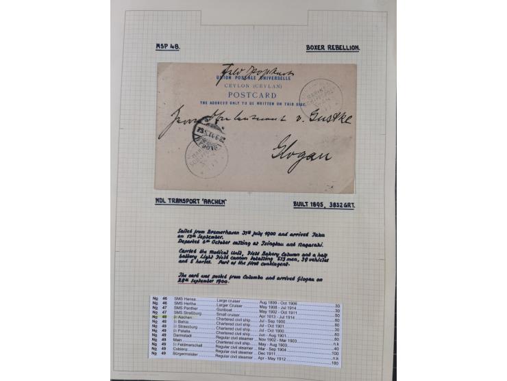 1895/1918, kleine aufgezogene Sammlung 21 Briefen und Karten mit diversen Schiffspost-Stempeln, dabei SMS Hansa, Nixe, Kormor
