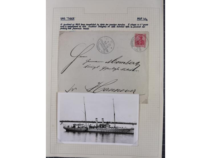 1895/1918, kleine aufgezogene Sammlung 21 Briefen und Karten mit diversen Schiffspost-Stempeln, dabei SMS Hansa, Nixe, Kormor