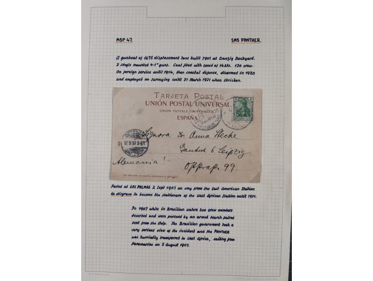 1895/1918, kleine aufgezogene Sammlung 21 Briefen und Karten mit diversen Schiffspost-Stempeln, dabei SMS Hansa, Nixe, Kormor
