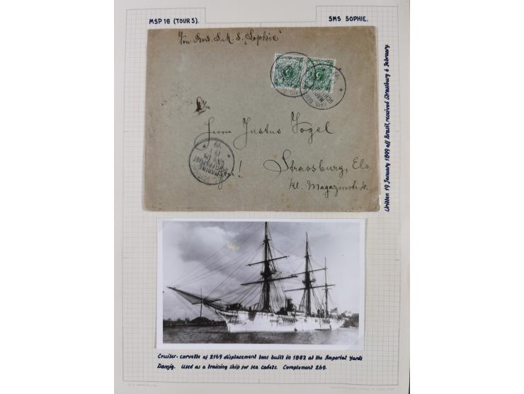 1895/1918, kleine aufgezogene Sammlung 21 Briefen und Karten mit diversen Schiffspost-Stempeln, dabei SMS Hansa, Nixe, Kormor