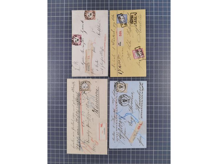 1872/74, Sammlung mit 30 Paketbegleitbriefen/Karten und drei Paketkarten sowie einer Vorderseite mit Mi.-Nr. 21a und L1 “HOLZ