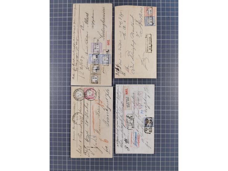 1872/74, Sammlung mit 30 Paketbegleitbriefen/Karten und drei Paketkarten sowie einer Vorderseite mit Mi.-Nr. 21a und L1 “HOLZ