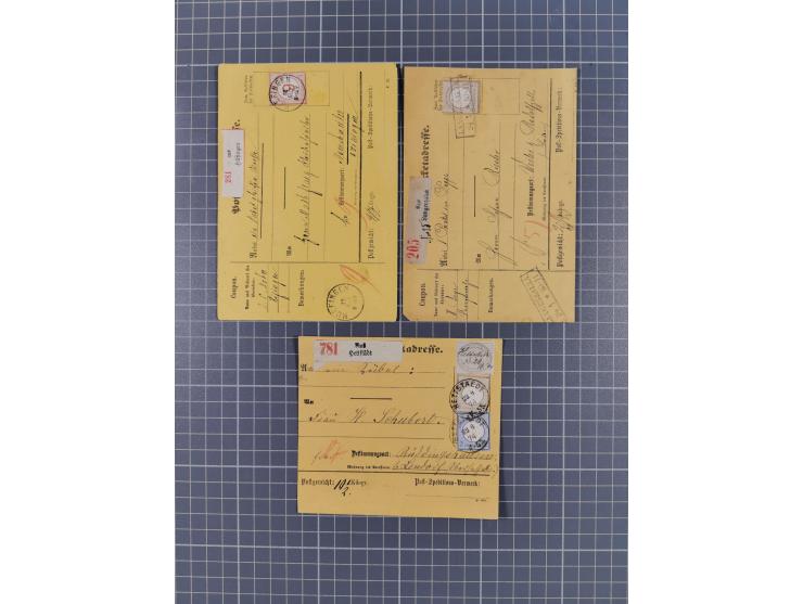 1872/74, Sammlung mit 30 Paketbegleitbriefen/Karten und drei Paketkarten sowie einer Vorderseite mit Mi.-Nr. 21a und L1 “HOLZ