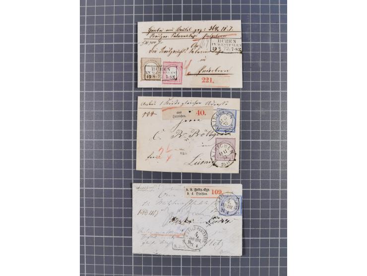 1872/74, Sammlung mit 30 Paketbegleitbriefen/Karten und drei Paketkarten sowie einer Vorderseite mit Mi.-Nr. 21a und L1 “HOLZ
