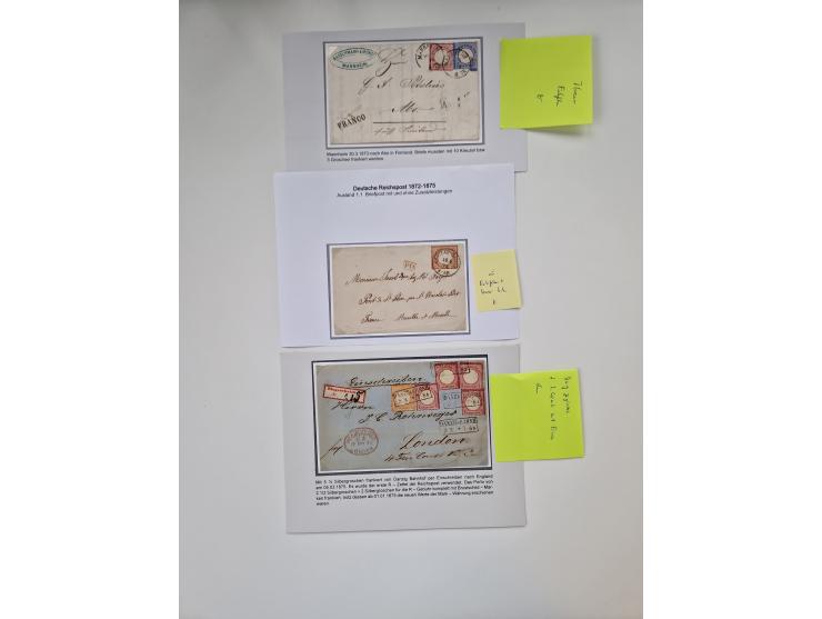 1872/74, umfangreiche Sammlung “Auslandsbriefe” mit ca. 70 Briefen und Karten mit besseren Frankaturen, R-Briefen, Grenzrayon