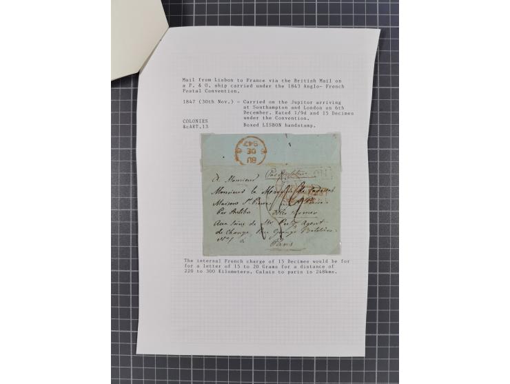 1847/59, 3 letters: 30 Nov. 1847 to Paris, rated “1/9” d., framed “LISBON” and “COLONIES/&amp;C ART.13”, Calais transit and L