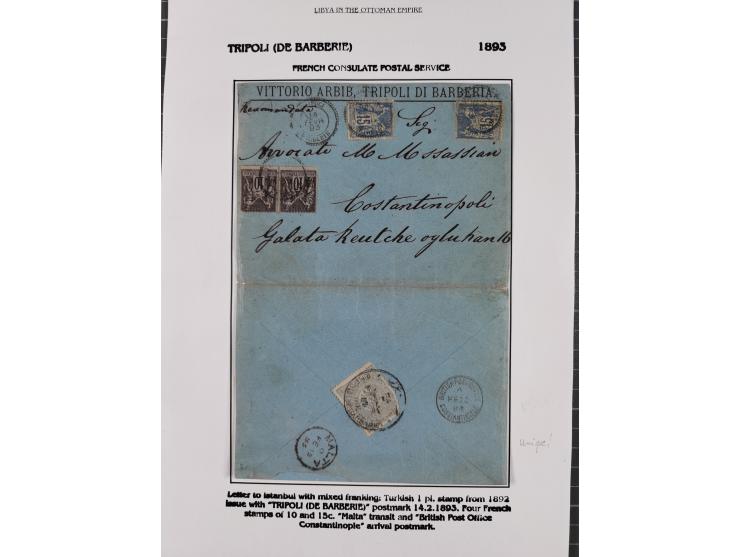 1851/1912, delightful exhibit collection with 37 covers and cards, covering the Ottoman, Italian and French Offices in Tripol