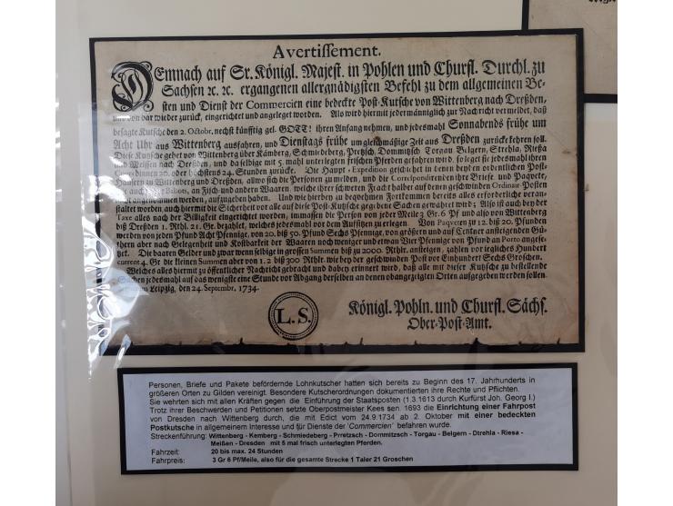 1638/1868, Ausstellungssammlung 'Vom Geleitsweg zur Poststraße', zu historischen Poststraßen in Sachsen, aufgezogen auf 7 gro
