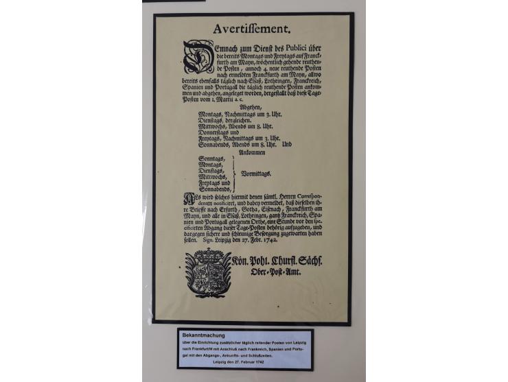 1638/1868, Ausstellungssammlung 'Vom Geleitsweg zur Poststraße', zu historischen Poststraßen in Sachsen, aufgezogen auf 7 gro