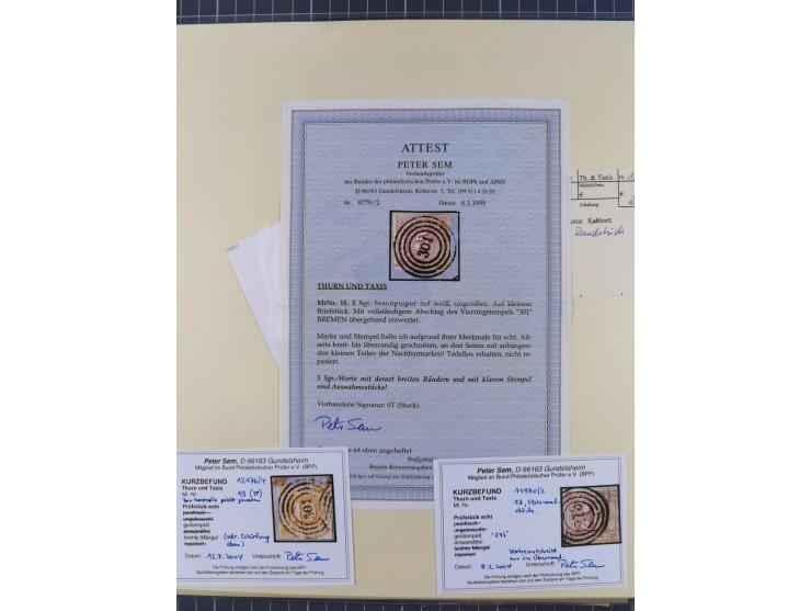 1852/66, gestempelte Sammlung mit besseren Marken, Farben und Einheiten. Dabei u.a. Mi.-Nr. 6a im senkrechten 6er-Block (FA S