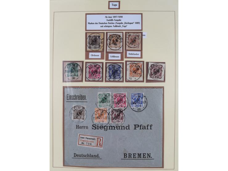 1897/13, Sammlung Togo auf Briefstücken mit Mi.-Nr. 1-6 inkl. Mi.-Nr. 1b+1c, R-Satzbrief mit Mi.-Nr. 1-6, Mi.-Nr. 7-19 und 21