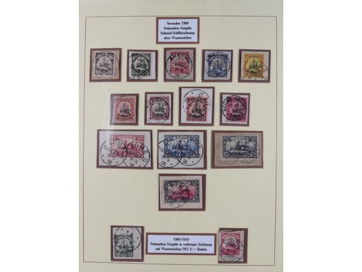 1897/13, Sammlung Togo auf Briefstücken mit Mi.-Nr. 1-6 inkl. Mi.-Nr. 1b+1c, R-Satzbrief mit Mi.-Nr. 1-6, Mi.-Nr. 7-19 und 21