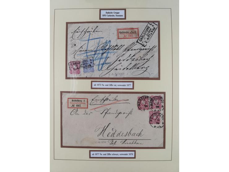 1875/83, kleine Sammlung “R-Zettel” mit 26 R-Briefen inkl. Bayern und Württemberg. Dabei u.a. R-Brief mit Mi.-Nr. 20+29 und f