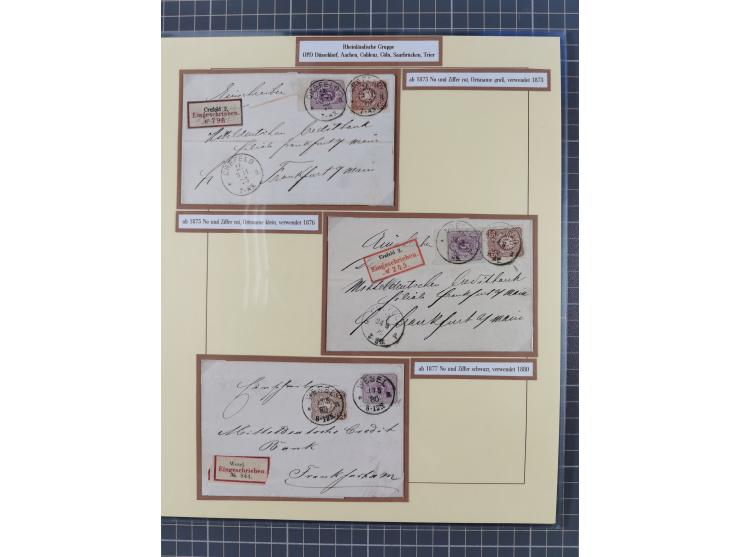 1875/83, kleine Sammlung “R-Zettel” mit 26 R-Briefen inkl. Bayern und Württemberg. Dabei u.a. R-Brief mit Mi.-Nr. 20+29 und f