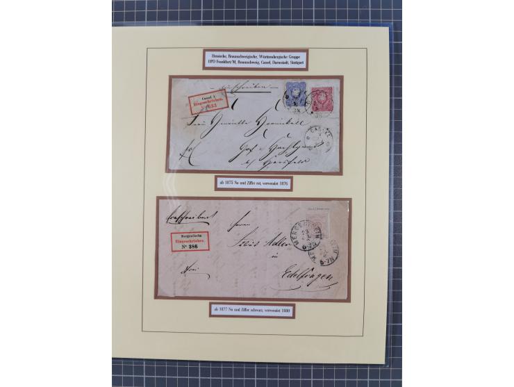 1875/83, kleine Sammlung “R-Zettel” mit 26 R-Briefen inkl. Bayern und Württemberg. Dabei u.a. R-Brief mit Mi.-Nr. 20+29 und f