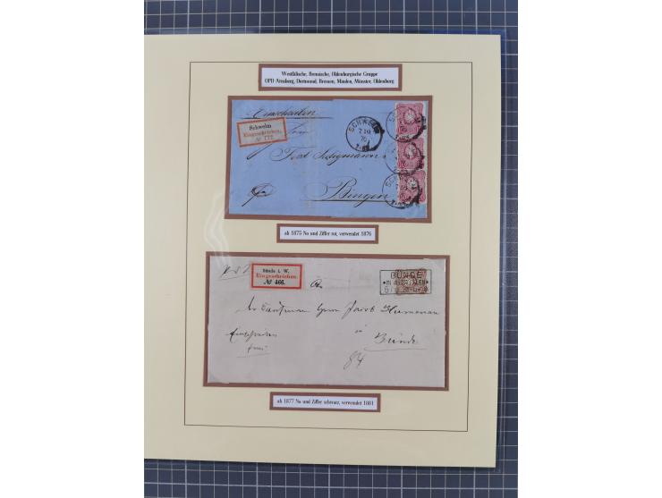 1875/83, kleine Sammlung “R-Zettel” mit 26 R-Briefen inkl. Bayern und Württemberg. Dabei u.a. R-Brief mit Mi.-Nr. 20+29 und f