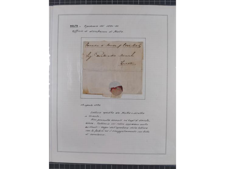 MALTA: 1836/1900, 7 Desinfektionsbriefe. Dazu ein Rapport von 1836 mit der Anzahl der Cholerafälle und Todeszahlen. Sehr inte