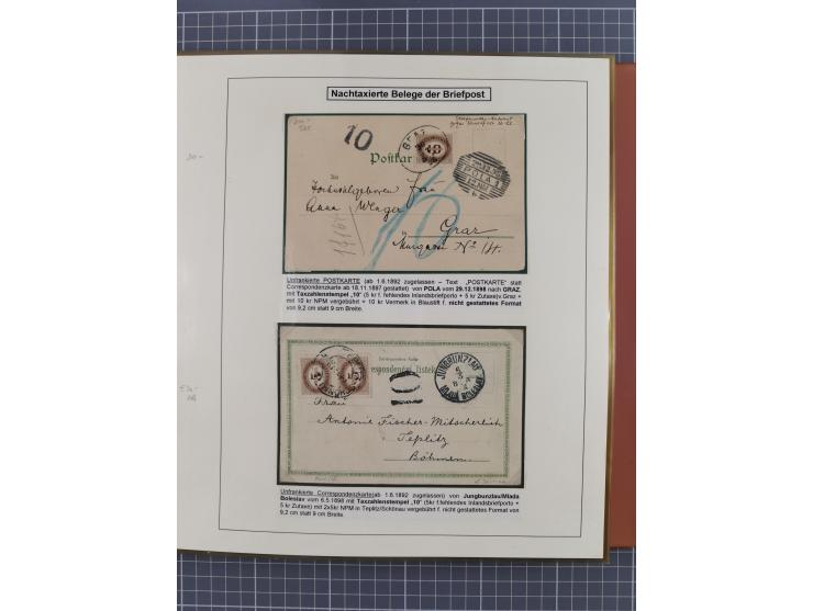1886/1906, interessante aufgezogene Sammlung “Nachtaxierte Belege der Briefpost” mit über 95 Briefen und Karten, viele besser