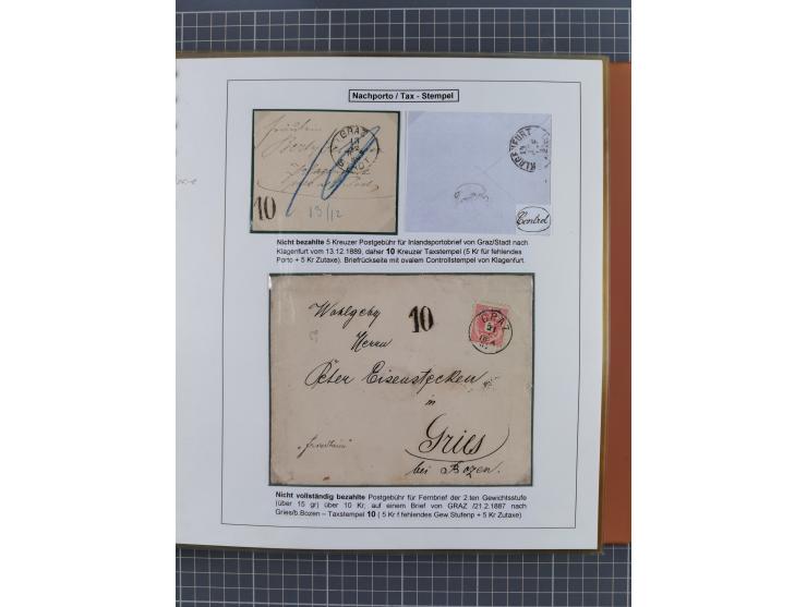 1886/1906, interessante aufgezogene Sammlung “Nachtaxierte Belege der Briefpost” mit über 95 Briefen und Karten, viele besser