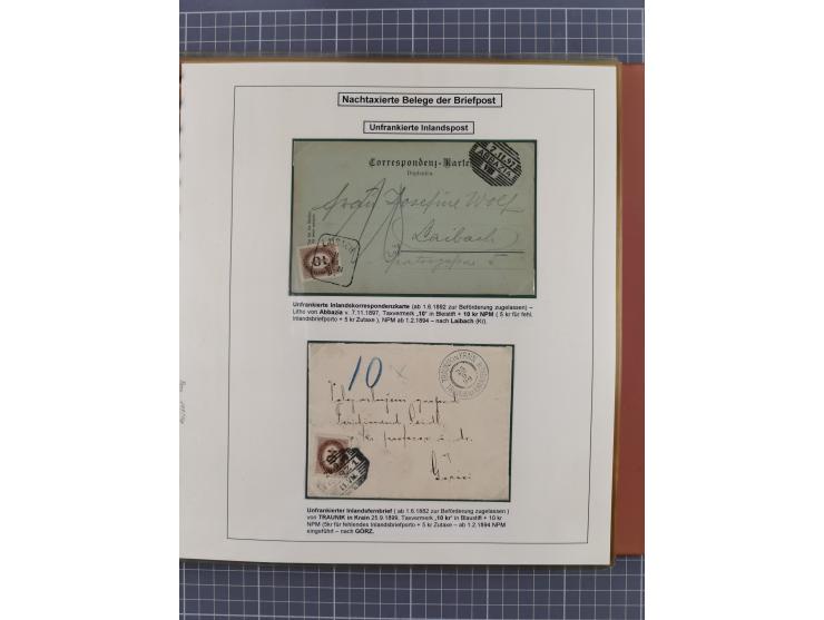 1886/1906, interessante aufgezogene Sammlung “Nachtaxierte Belege der Briefpost” mit über 95 Briefen und Karten, viele besser