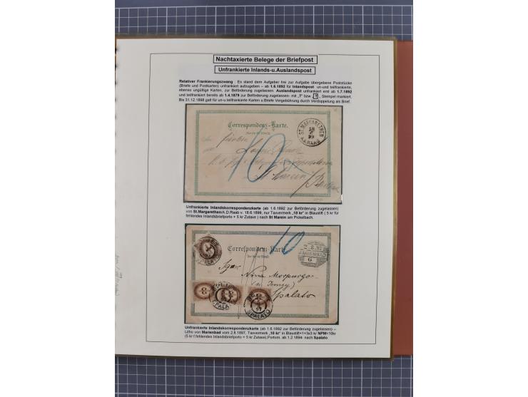 1886/1906, interessante aufgezogene Sammlung “Nachtaxierte Belege der Briefpost” mit über 95 Briefen und Karten, viele besser