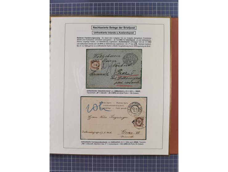 1886/1906, interessante aufgezogene Sammlung “Nachtaxierte Belege der Briefpost” mit über 95 Briefen und Karten, viele besser