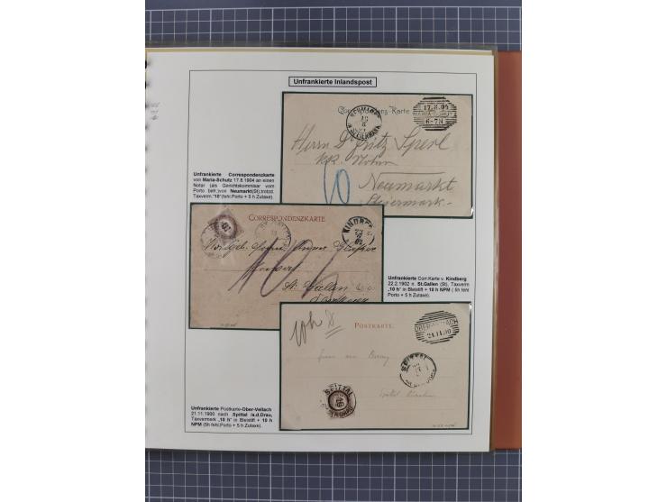 1886/1906, interessante aufgezogene Sammlung “Nachtaxierte Belege der Briefpost” mit über 95 Briefen und Karten, viele besser