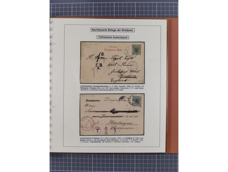 1886/1906, interessante aufgezogene Sammlung “Nachtaxierte Belege der Briefpost” mit über 95 Briefen und Karten, viele besser