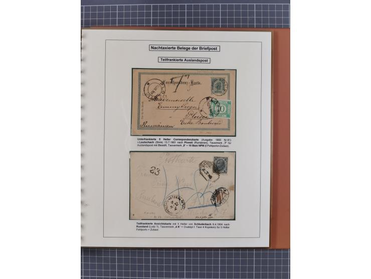 1886/1906, interessante aufgezogene Sammlung “Nachtaxierte Belege der Briefpost” mit über 95 Briefen und Karten, viele besser