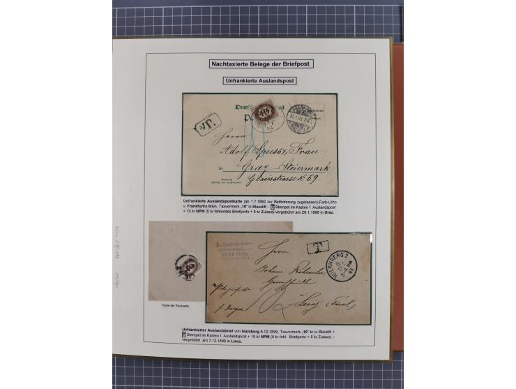 1886/1906, interessante aufgezogene Sammlung “Nachtaxierte Belege der Briefpost” mit über 95 Briefen und Karten, viele besser