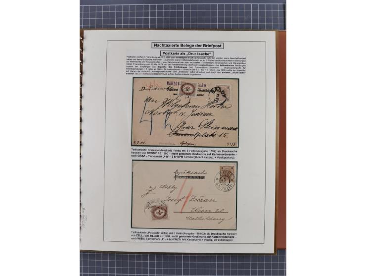 1886/1906, interessante aufgezogene Sammlung “Nachtaxierte Belege der Briefpost” mit über 95 Briefen und Karten, viele besser