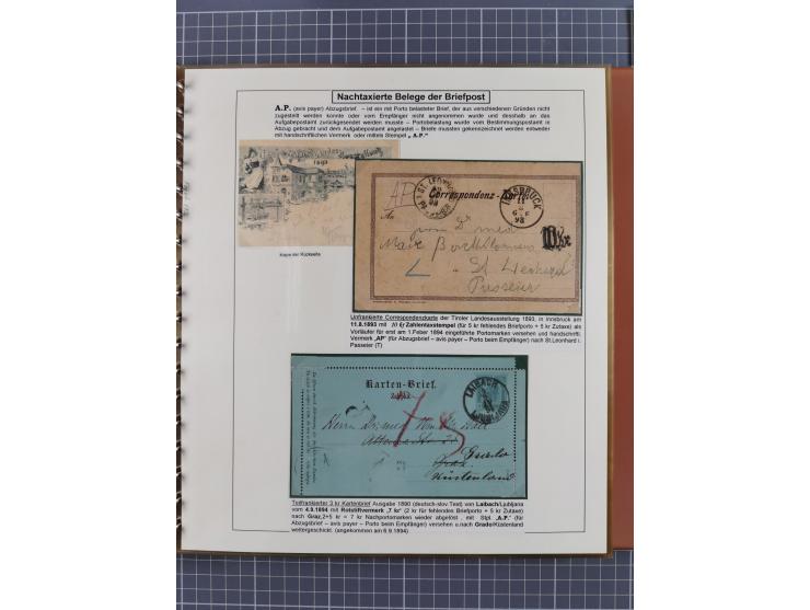 1886/1906, interessante aufgezogene Sammlung “Nachtaxierte Belege der Briefpost” mit über 95 Briefen und Karten, viele besser