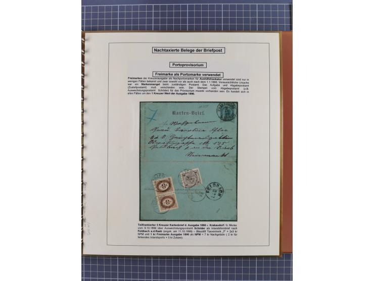 1886/1906, interessante aufgezogene Sammlung “Nachtaxierte Belege der Briefpost” mit über 95 Briefen und Karten, viele besser