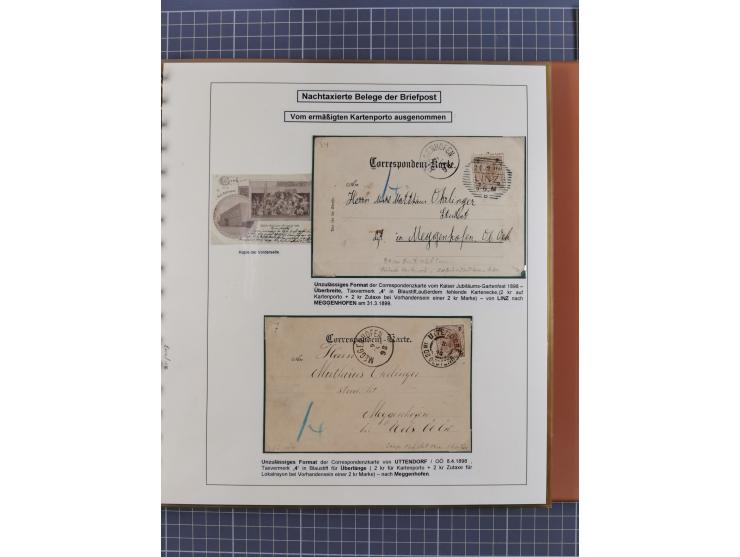 1886/1906, interessante aufgezogene Sammlung “Nachtaxierte Belege der Briefpost” mit über 95 Briefen und Karten, viele besser
