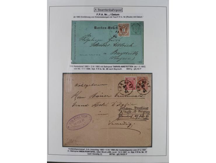 1883/1915, umfangreiche aufgezogene Sammlung “Bahnpost” mit über 145 Briefen und Karten, viele interessante Verwendungen, seh