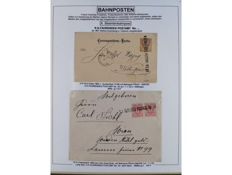 1883/1915, umfangreiche aufgezogene Sammlung “Bahnpost” mit über 145 Briefen und Karten, viele interessante Verwendungen, seh